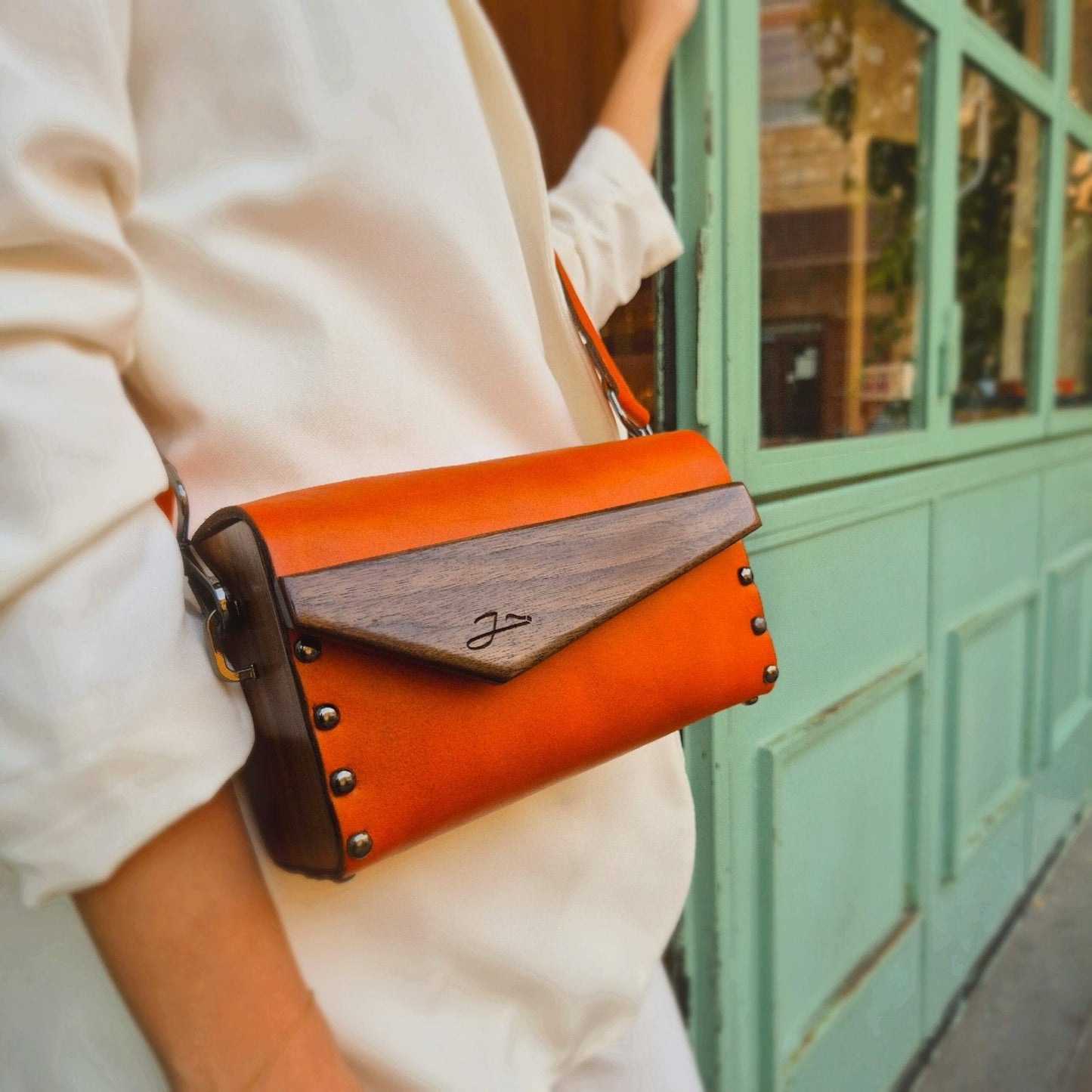Crossbody Purse With Walnut Wood Sides