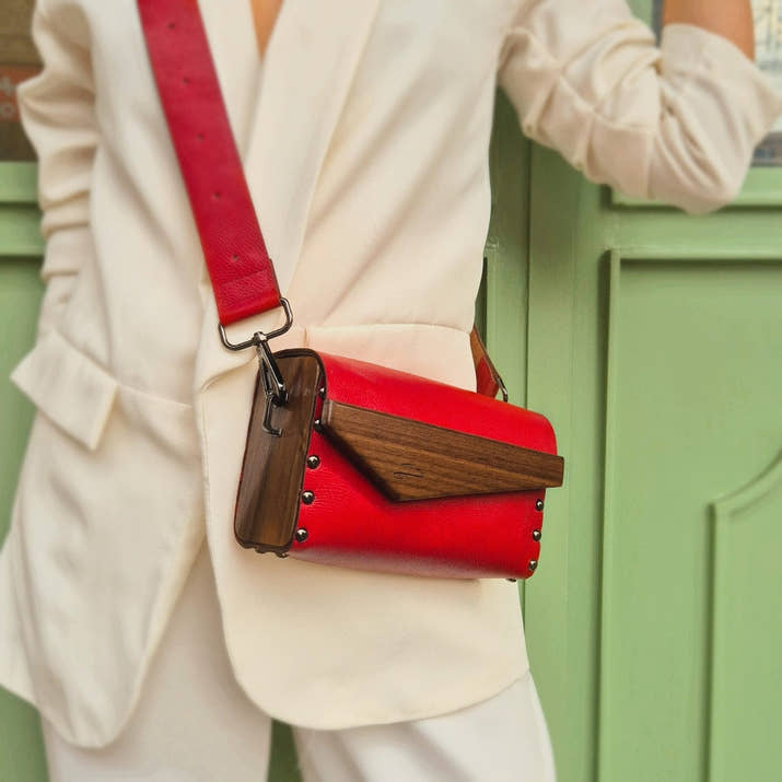 Crossbody Purse With Walnut Wood Sides