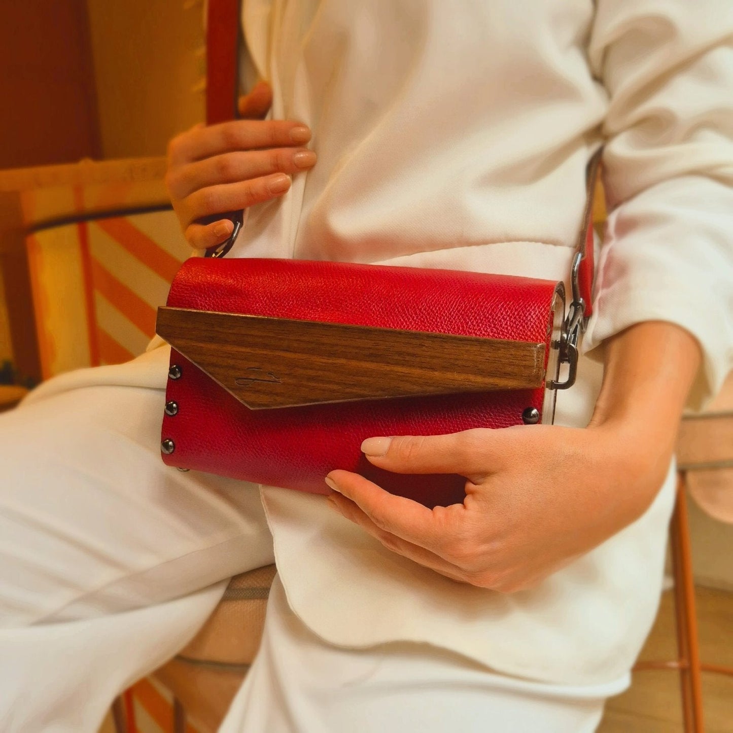 Crossbody Purse With Walnut Wood Sides